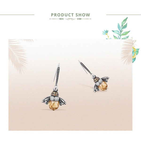 Earrings 925 Sterling Silver Yellow Bee Drop Women