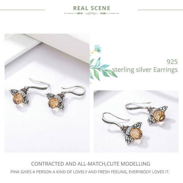 Earrings 925 Sterling Silver Yellow Bee Drop Women