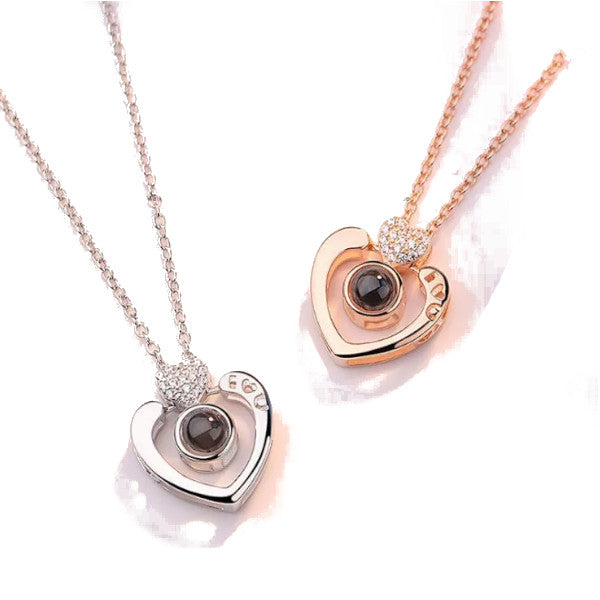 I Love You In 100 Languages Projection Necklace Heart Shaped Silver Or Rose Gold