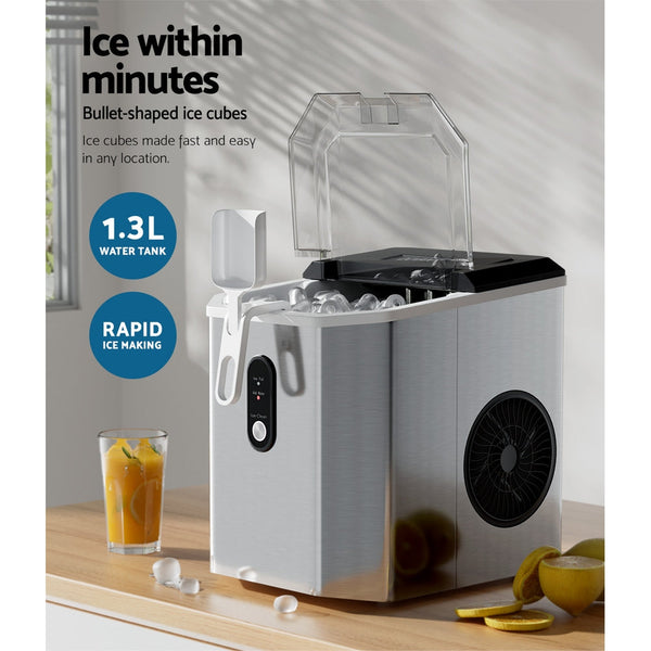 Devanti Portable Ice Maker Machine Cube 12Kg Bar Countertop Stainless Steel