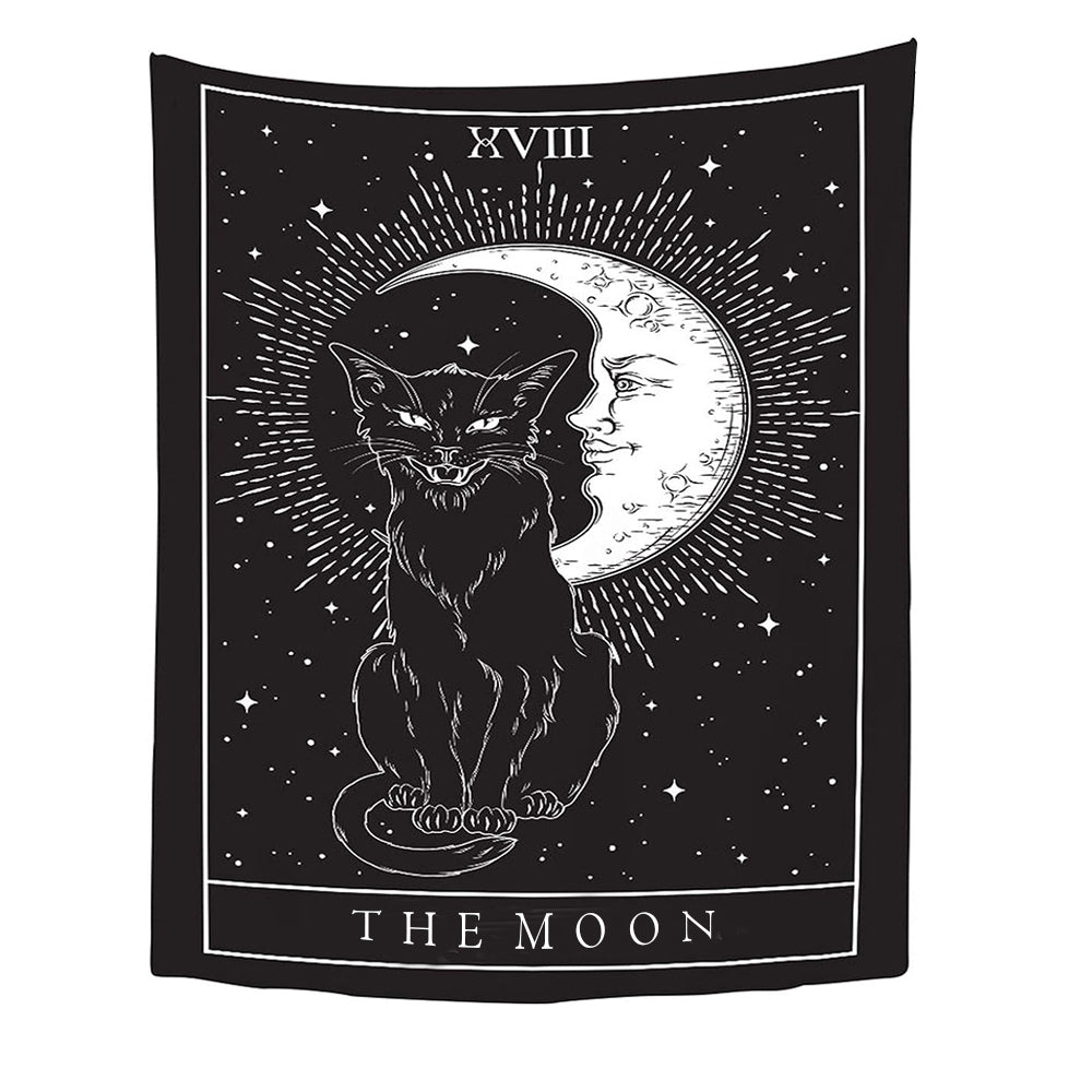 Tapestries Tapestry Black The Moon And Cat 150X100 Cm Tarot Card Psychedelic Art Decoration