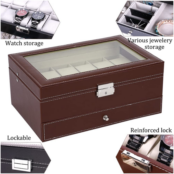 Toner Cartridges 12 Slot Pu Leather Lockable Watch And Jewelry Storage Boxes (Brown)