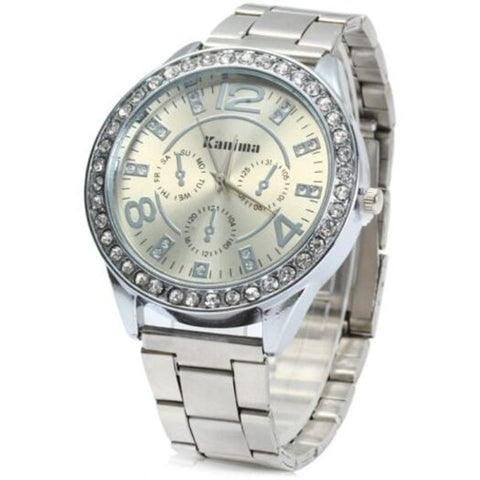 Watches Male Quartz Watch With Diamond Bezel Stainless Steel Band Silver