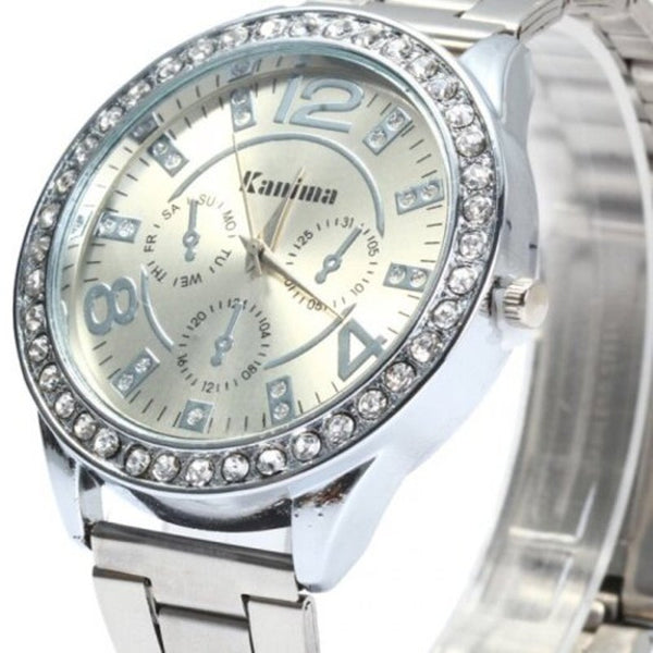 Watches Male Quartz Watch With Diamond Bezel Stainless Steel Band Silver