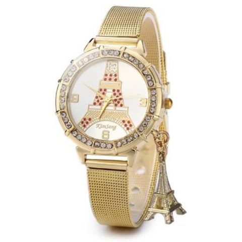 Lady Golden Steel Net Strap Eiffel Tower Diamond Quartz Watch Red