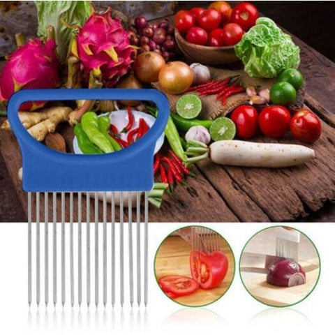 Choppers Slicers Kitchen Onion Vegetables Cutting Aid Holder Guide Slicing Cutter Safe Fork Blue