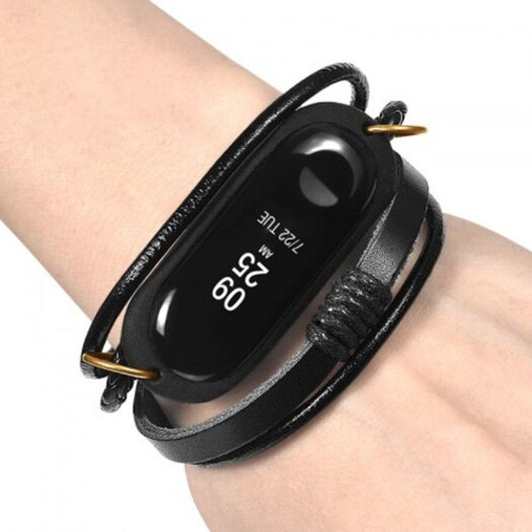 Watch Bands Leather Braided Replacement Wrist Strap For Xiaomi Mi Band 3 Black