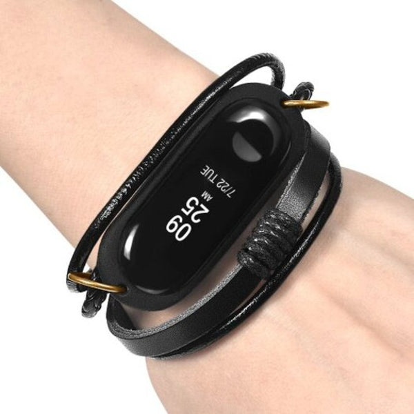 Leather Replacement Wrist Strap For Xiaomi Mi Band 3 / 4 Black