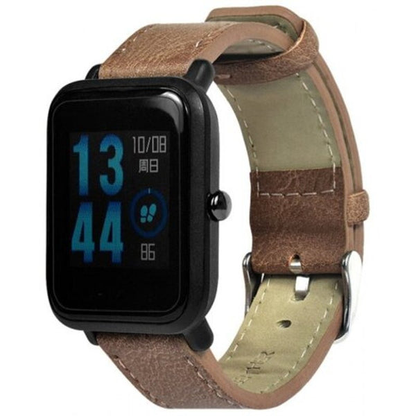 Watch Bands Leather Retro Flat Head Replacement Wristband Strap For Amazfit Brown