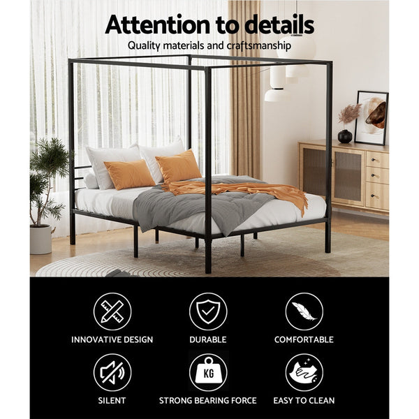 Artiss Bed Frame Metal Four-Poster Platform Base Double Size Black Pochy