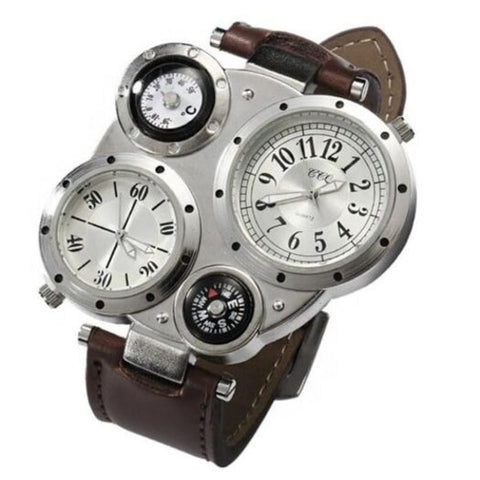 Watches Men Fashion Creative Compass Chronograph Leather Quartz Sport Watch Rosy Finch