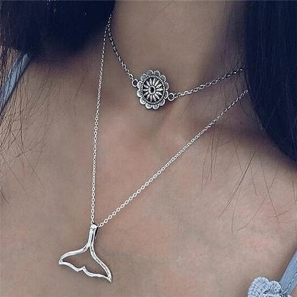 Mermaid Tail Flower Retro Necklace Double Layer Fashion Personality Multi Silver