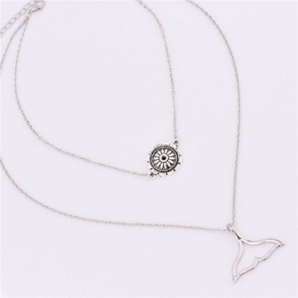 Mermaid Tail Flower Retro Necklace Double Layer Fashion Personality Multi Silver