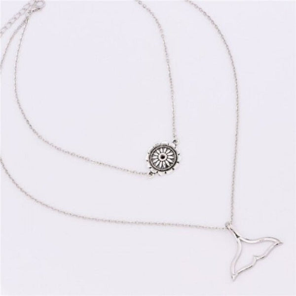 Necklaces & Pendants Mermaid Tail Flower Retro Necklace Double Layer Fashion Personality Multi Silver