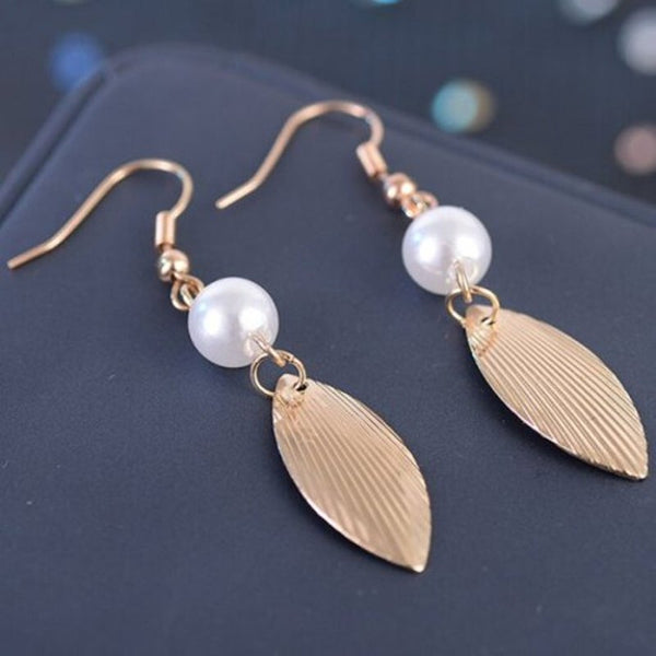 Earrings Metal Engraved Leaf Faux Pearl Hook Golden