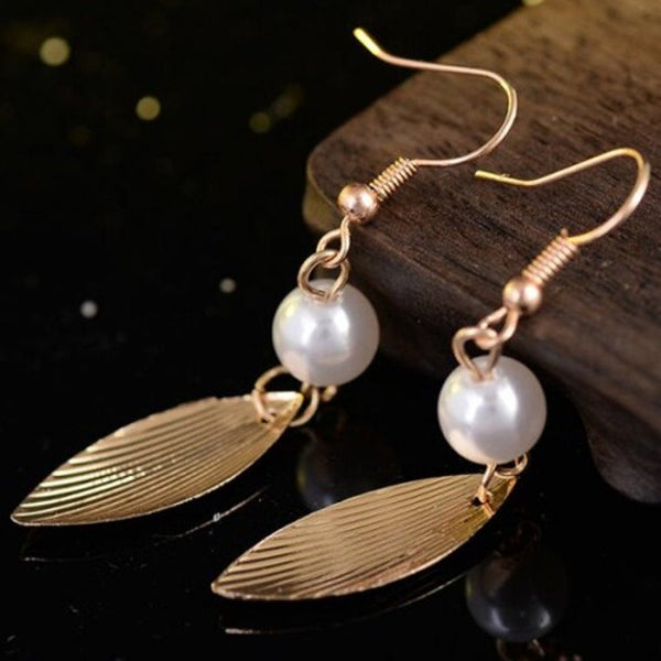 Metal Engraved Leaf Faux Pearl Hook Earrings Golden