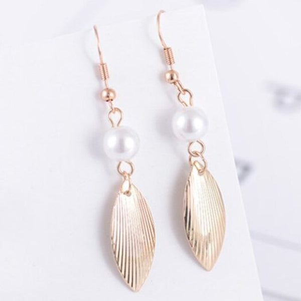 Metal Engraved Leaf Faux Pearl Hook Earrings Golden