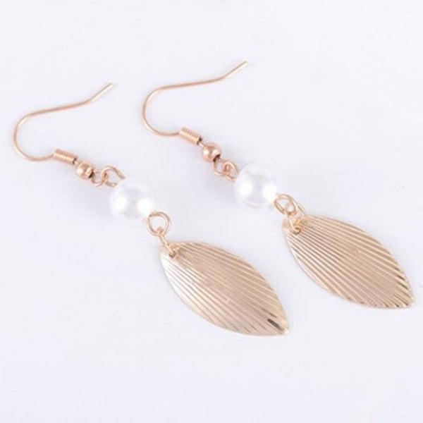 Earrings Metal Engraved Leaf Faux Pearl Hook Golden