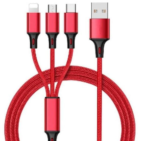 Nylon Braided 3 In 1 Usb Charge Cable Wih Micro 8 Pin Type Interface Red