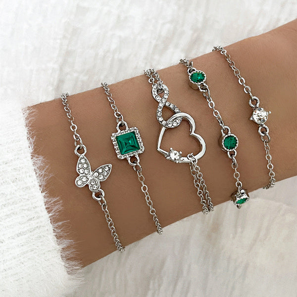 Bracelets Bohemian 5Pc Green Crystal Jewelry Set For Women Heart Wedding Engagement Fashion