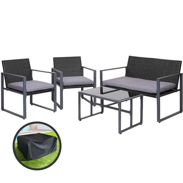 Gardeon 4 Pcs Outdoor Dining Set Lounge Setting Patio Wicker Chairs Table W/Cover