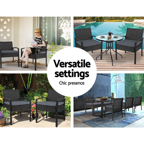 Set Of 2 Outdoor Dining Chairs Wicker Patio Garden Furniture Lounge Setting Bistro Cafe Cushion Gardeon Black