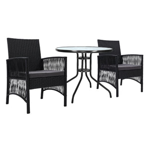 Gardeon Outdoor Furniture Dining Chairs Wicker Garden Patio Cushion Black 3Pcs Tea Coffee Cafe Bar Set