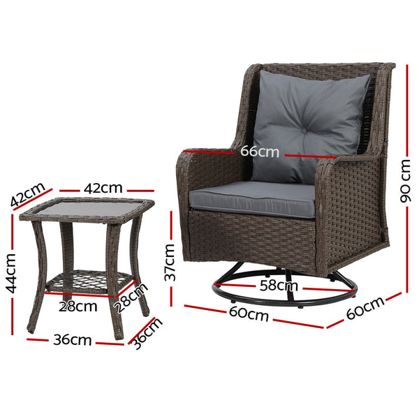 Patio Furniture Sets Gardeon 3Pc Outdoor Furniture Bistro Set Lounge Wicker Swivel Chairs Table Cushion Brown