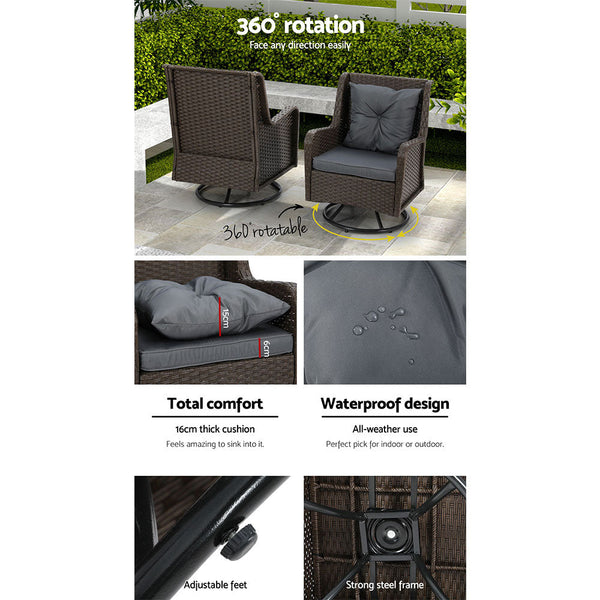 Patio Furniture Sets Gardeon 3Pc Outdoor Furniture Bistro Set Lounge Wicker Swivel Chairs Table Cushion Brown