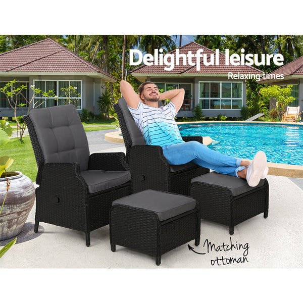 Gardeon Set Of 2 Recliner Chairs Sun Lounge Outdoor Setting Patio Furniture Wicker Sofa