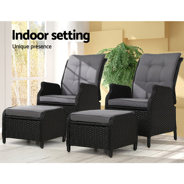 Gardeon Set Of 2 Recliner Chairs Sun Lounge Outdoor Setting Patio Furniture Wicker Sofa