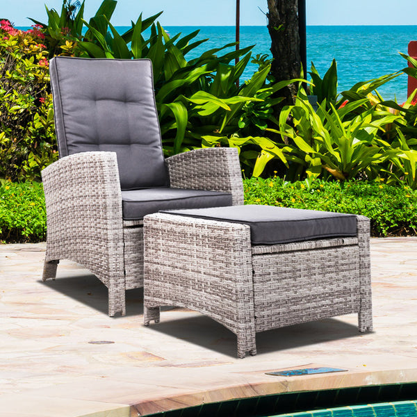 Loungers Gardeon Sun Lounge Recliner Chair Wicker Lounger Sofa Day Bed Outdoor Furniture Patio Garden Cushion Ottoman Grey