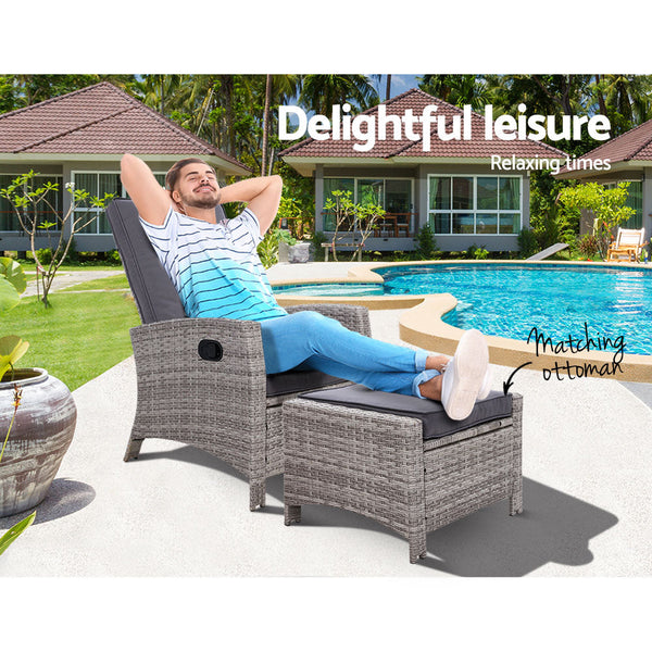 Loungers Gardeon Sun Lounge Recliner Chair Wicker Lounger Sofa Day Bed Outdoor Furniture Patio Garden Cushion Ottoman Grey