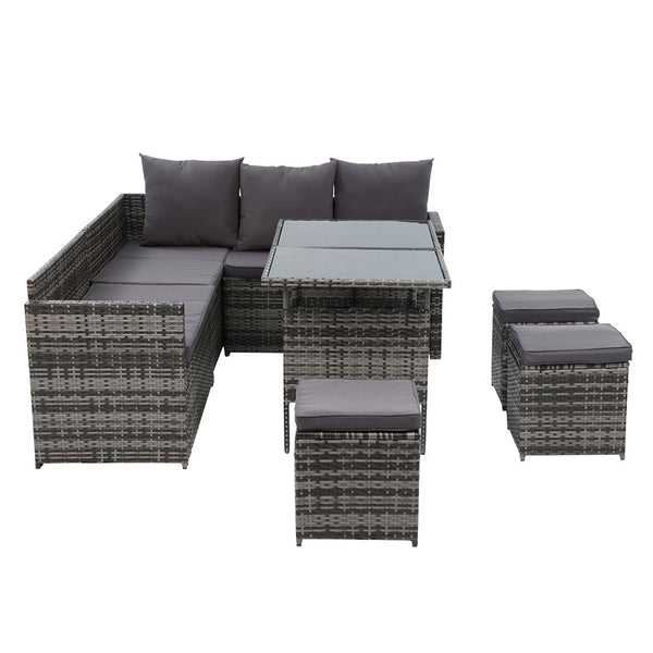 Gardeon Outdoor Furniture Dining Setting Sofa Lounge Wicker 9 Seater Mixed Grey