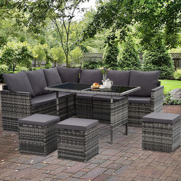 Gardeon Outdoor Furniture Dining Setting Sofa Lounge Wicker 9 Seater Mixed Grey