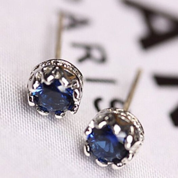 Earrings Pair Of Zircon Faux Sapphire Crown Blue