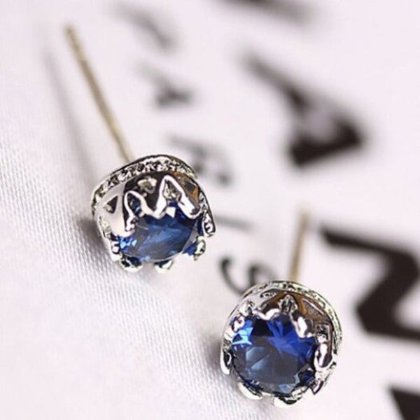 Earrings Pair Of Zircon Faux Sapphire Crown Blue