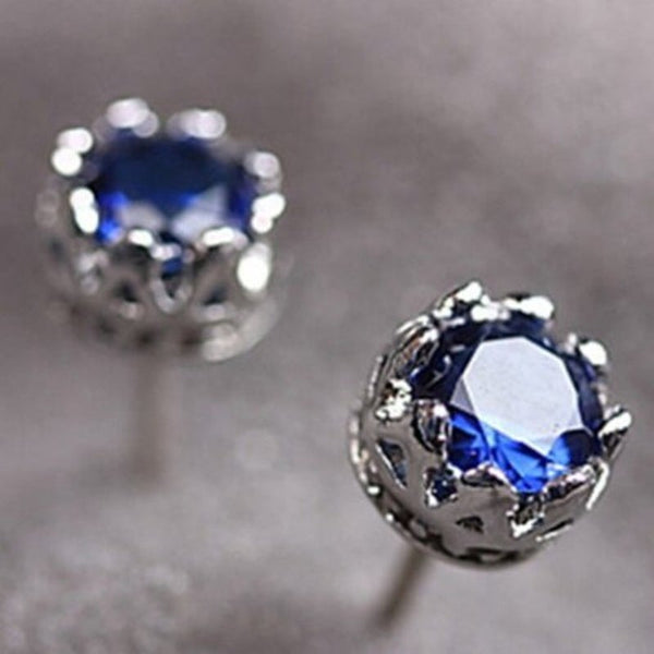 Earrings Pair Of Zircon Faux Sapphire Crown Blue