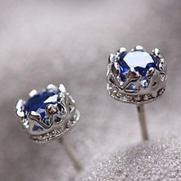 Earrings Pair Of Zircon Faux Sapphire Crown Blue