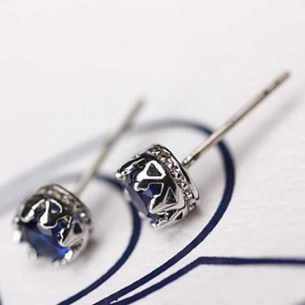 Earrings Pair Of Zircon Faux Sapphire Crown Blue