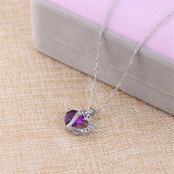 Peach Heart Drilling Pendant Water Chain Crystal Necklace Purple