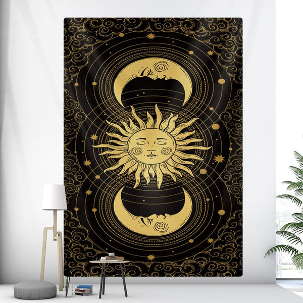 Tapestries Tapestry Black Yellow Sun Moon 150X100 Cm Art Psychedelic Scene Home Decor