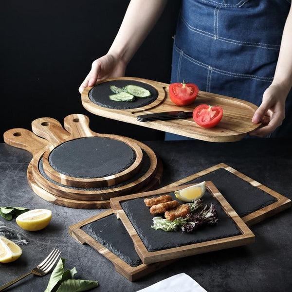 Trays Slate Dinner Plate Round Shape With Wooden