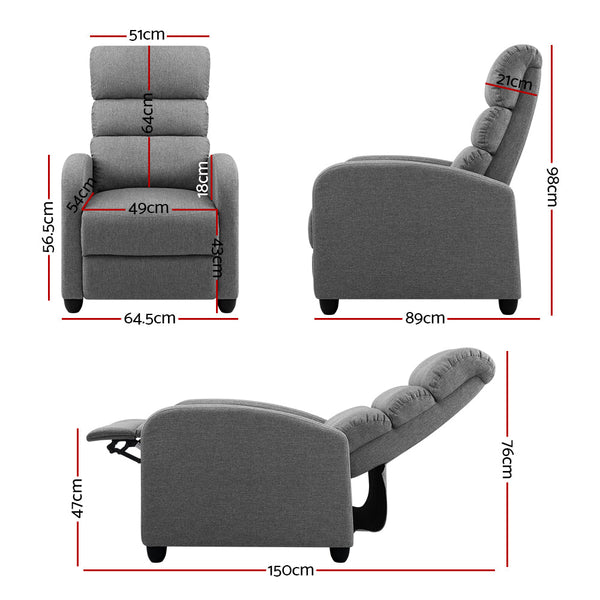 Sofas, Armchairs & Couches Artiss Luxury Recliner Chair Chairs Lounge Armchair Sofa Fabric Cover Grey