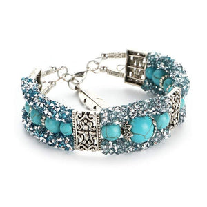 Retro Pop Fashion Antique Silver Crystal Rhinestone Natural Round Turquoise Stretch Gems