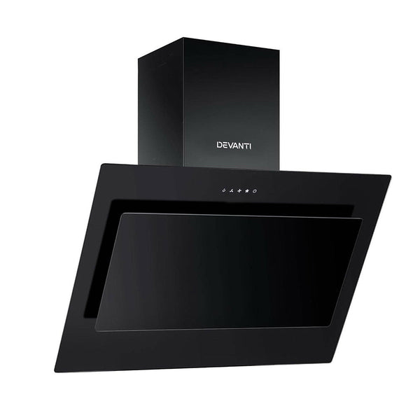 Devanti Rangehood 900Mm Black Angled Side Draft Hood Canopy Glass 90Cm