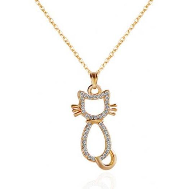 Rhinestone Kitten Pendant Necklace Golden