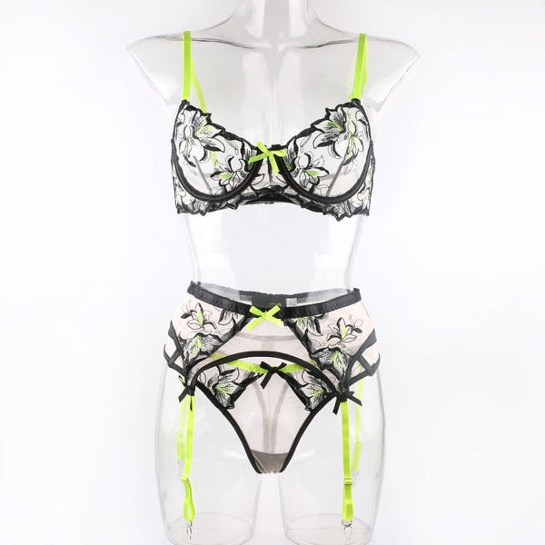 Bras & Bra Sets Delicate Black Yellow Sexy Sheer Lingerie Set Women Garter Belt Bra Underwear