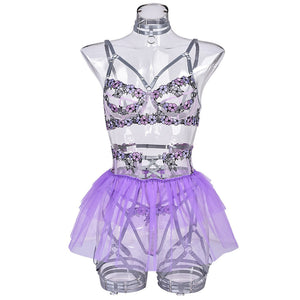 Beautiful Spring Flowers Purple Ruffle Skirt Sheer Sexy Lingerie Set Women