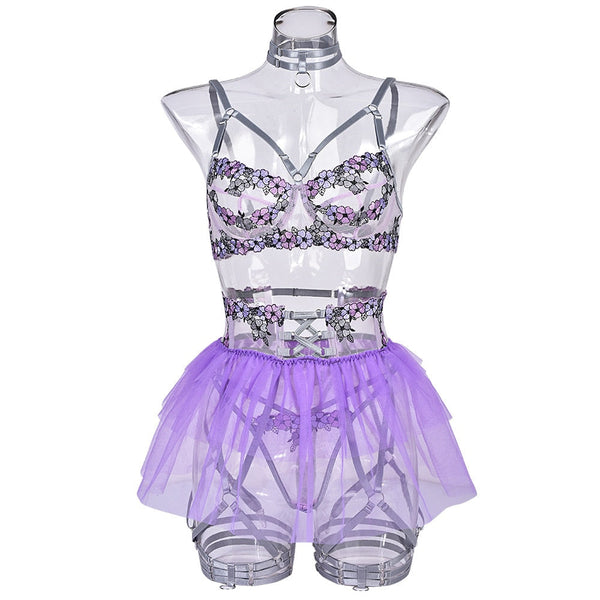 Bras & Bra Sets Beautiful Spring Flowers Purple Ruffle Skirt Sheer Sexy Lingerie Set Women